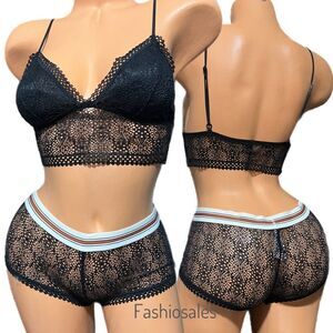 Victorias Secret Sheer Mesh Lace padded bralette & shortie mini short Boyshort L